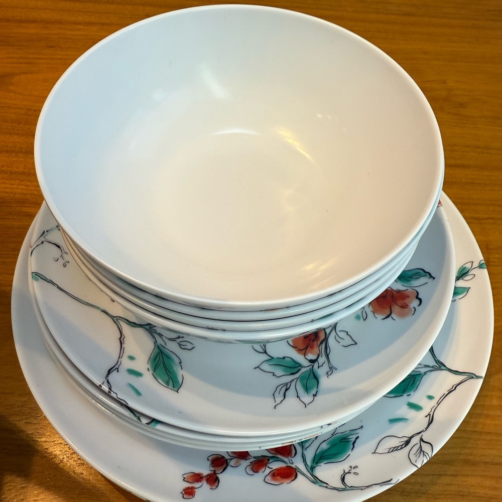 Martha Stewart 12 Piece
Dragonfly Melamine Dinnerware set in white 
Pre-owned